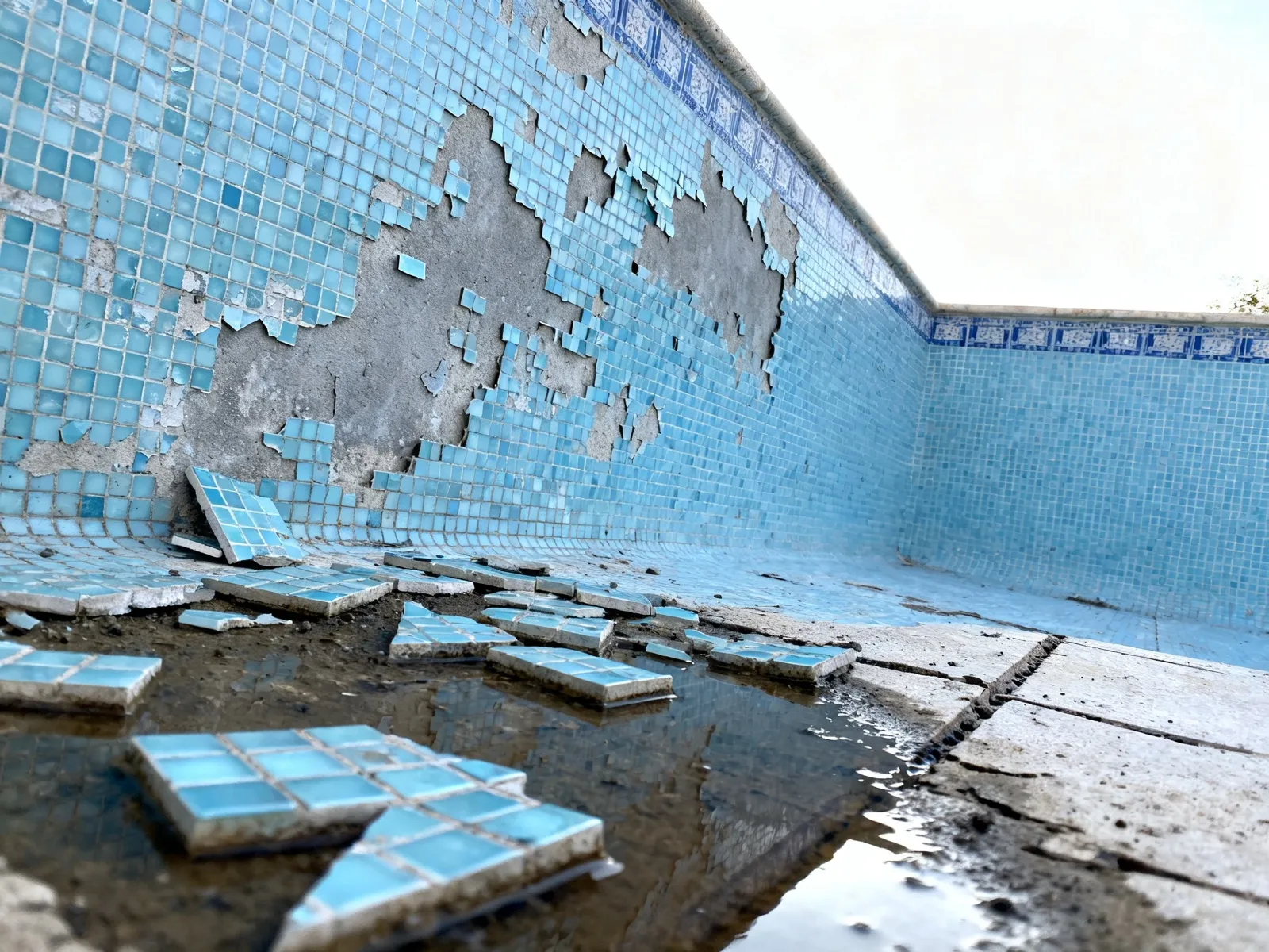 Pared de una piscina con el gresite despegado y piezas caídas en el fondo