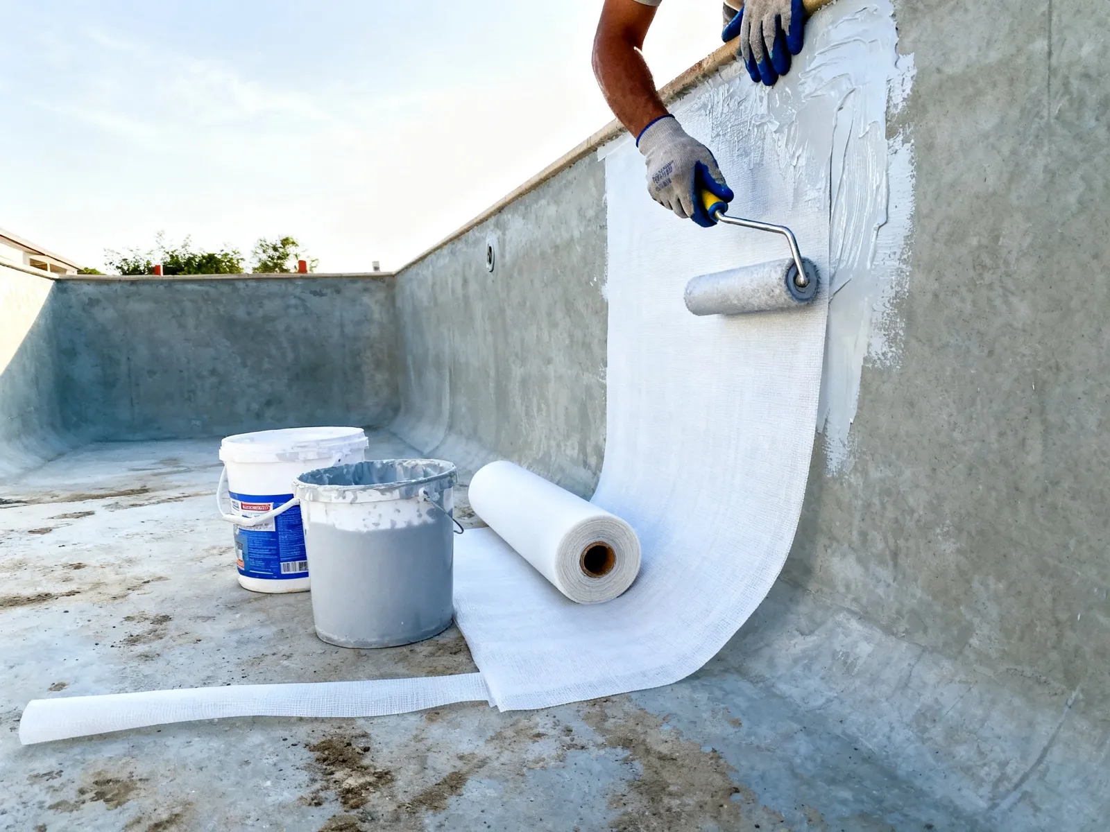 Aplicación de manta de fibra de vidrio con resina y rodillo en la pared de una piscina vacía