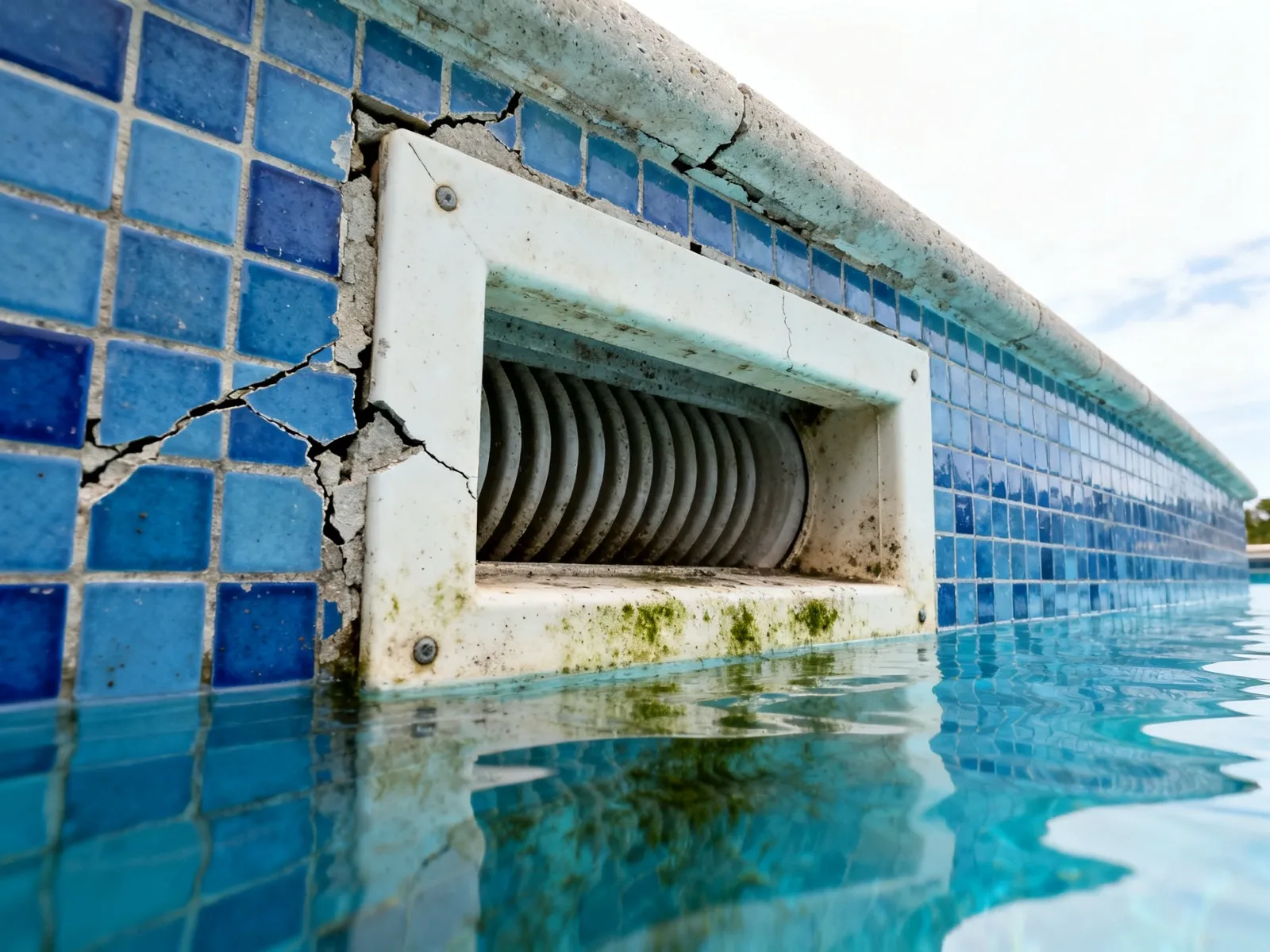 Skimmer de piscina con grietas en el gresite y la junta de alrededor